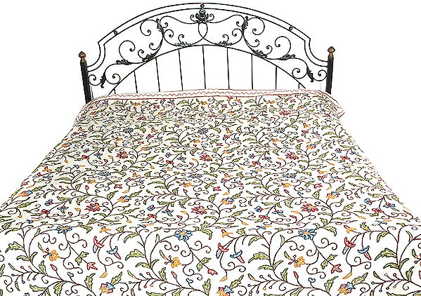 Kashmiri Bedcover with Multi-Color Floral Embroidery
