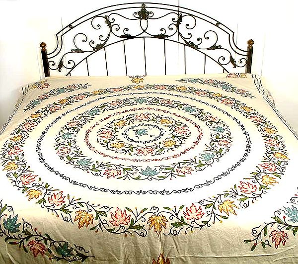 Kashmiri Embroidered Bedcover with Chinar Leaf Motifs