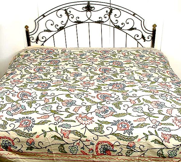 Kashmiri Embroidered Bedcover with Vegetative Motifs
