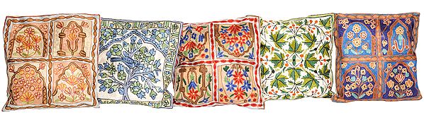 Lot of Five Cushion Covers from Kashmir with Dense Chain-Stitch Embroidery