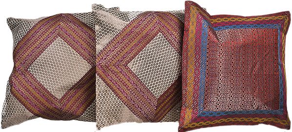 Lot of Three Cushion Covers from Banaras with Brocade Weave and Patchwork