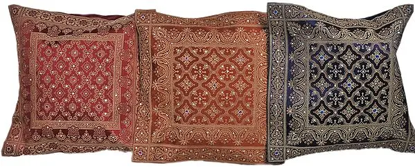 Lot of Three Cushion Covers with Brocade Weave and Sequins