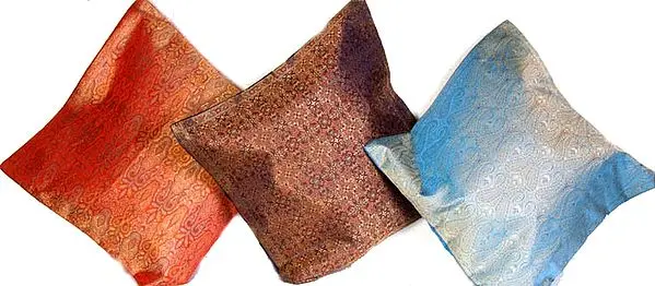 Lot of Three Cushion Covers from Banaras with Dense Tanchoi Weave