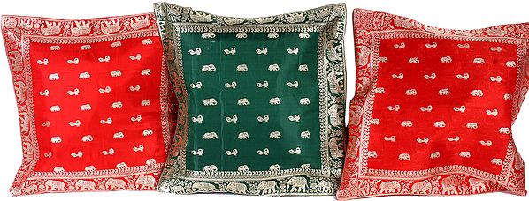 Lot of Three Banarasi Cushion Covers with Elephants and Peacocks
