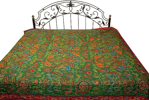 Green Gujarati Bedspread with All-Over Thread Work