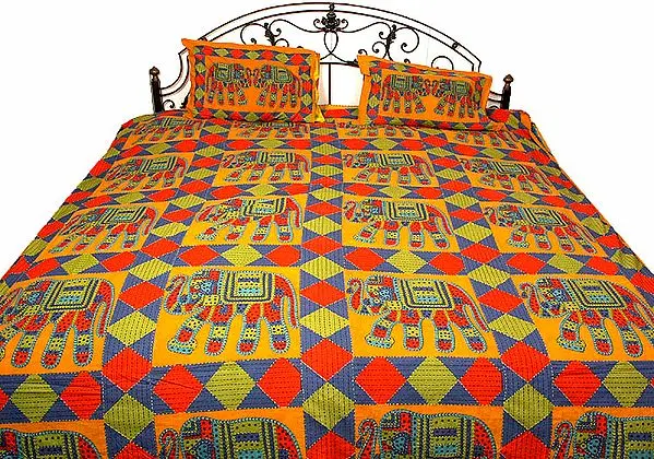 Elephant Printed Bedspread with Kantha Stitch