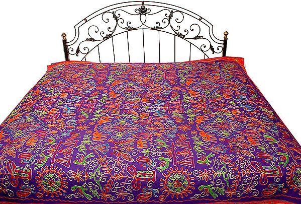 Purple Gujarati Bedspread with All-Over Thread Work