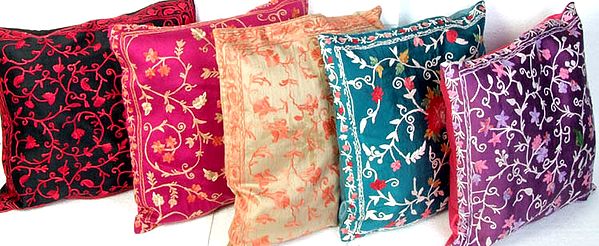 Lot of Five Cushion Covers from Kashmir with All-Over Crewel Embroidery