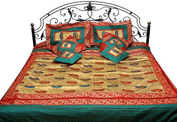 Khaki and Red Banarasi Seven-Piece Bedcover with Embroidered Paisleys