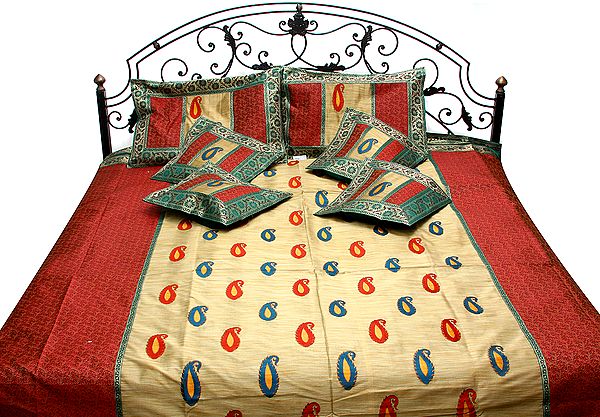 Khaki and Red Banarasi Seven-Piece Bedcover with Embroidered Paisleys