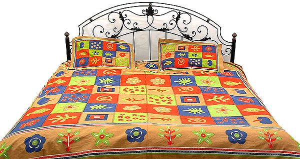 Khaki Kantha Bedspread with Tri-Color Print