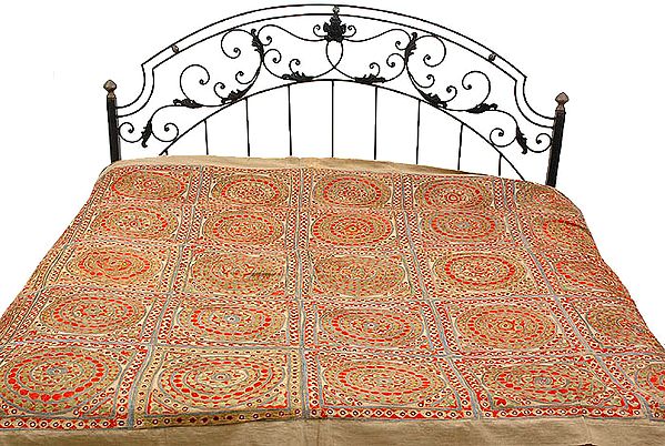 Khaki Kutch Bedcover with All-Over Embroidered Chakras