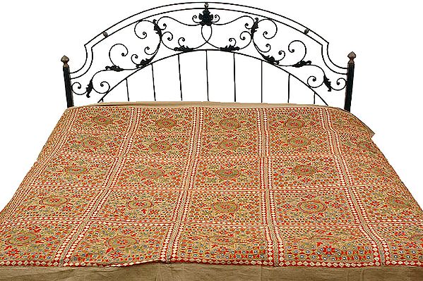 Khaki Kutch Bedcover with All-Over Embroidery and Mirrors