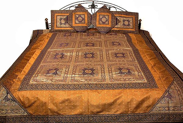 Blue and Mustard Bedcover from Banaras with Brocade Weave