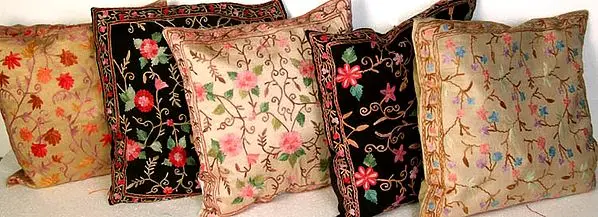 Lot of Five Cushion Covers from Kashmir with All-Over Ari Embroidery