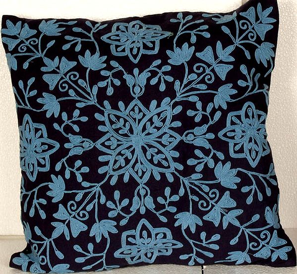 Midnight-Blue Cushion Cover with Crewel Embroidery