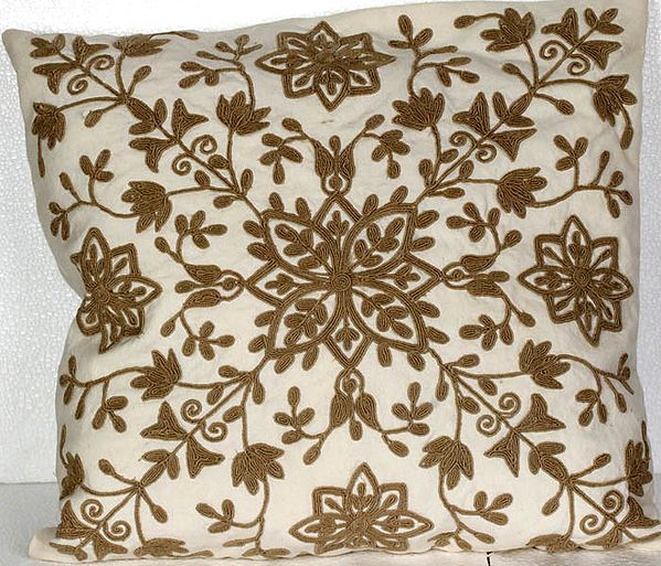 Ivory Cushion Cover with Crewel Embroidery