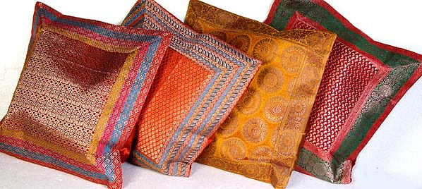 Lot of Four Cushion Covers from Banaras with Brocade Weave