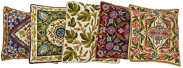 Lot of Five Cushion Covers from Kashmir with Dense All-Over Embroidery