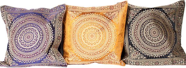 Lot of Three Cushion Covers with Woven Mandalas
