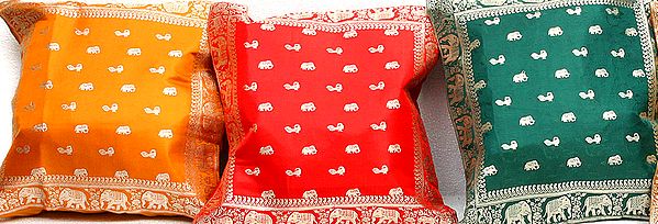 Lot of Three Banarasi Cushion Covers with Elephants and Peacocks