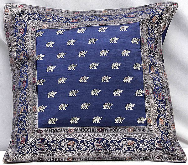 Blue Banarasi Cushion Cover with Elephants and Peacocks