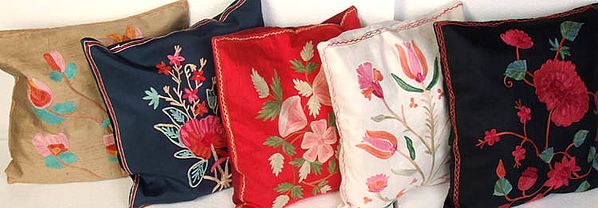 Lot of Five Cushion Covers from Kashmir with Floral Embroidery