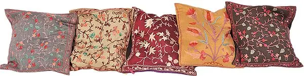 Lot of Five Cushion Covers from Kashmir with All-Over Ari Embroidery