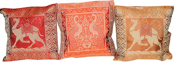 Lot of Three Cushion Covers from Banaras with Brocaded Camels