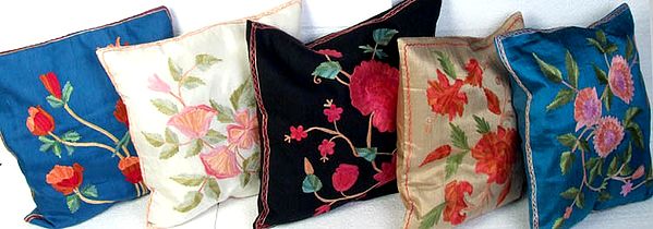 Lot of Five Cushion Covers from Kashmir with Embroidered Flowers