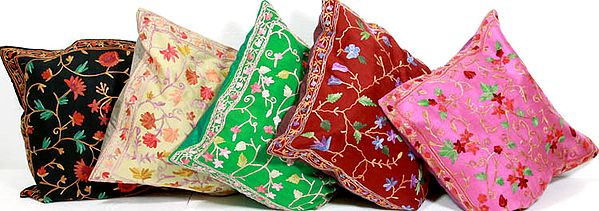 Lot of Five Cushion Covers from Kashmir with All-Over Ari Embroidery