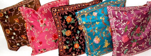 Lot of Five Cushion Covers from Kashmir with All-Over Ari Embroidery