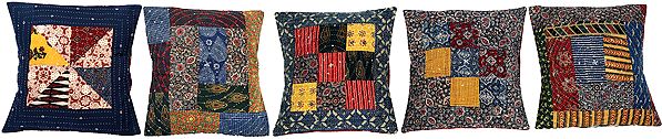 Lot of Five Printed Cushion Covers with Patchwork