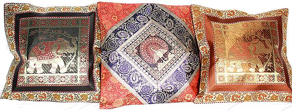 Assorted Lot of Three Banarasi Cushion Covers with Woven Elephant and Peacock