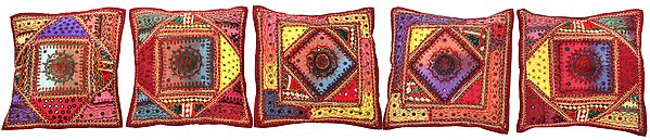 Lot of Five Cushion Covers from Gujarat with Embroidered Kutch Patches and Mirrors