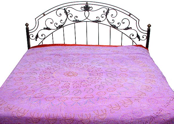 Lavender Stonewashed Bedspread with Ari-Embroidery All-Over in Golden Thread