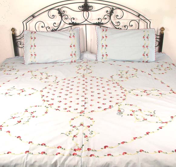 Light Blue Bedspread with Floral Embroidery