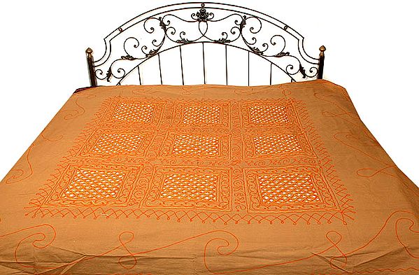 Light-Brown Gujarati Bedspread with Floral Embroidery All-Over