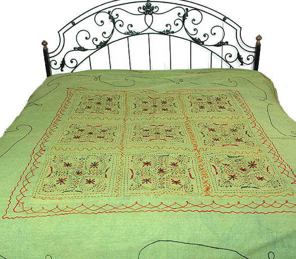 Lime Green Gujarati Bedspread with All-Over Embroidery and Mirrors