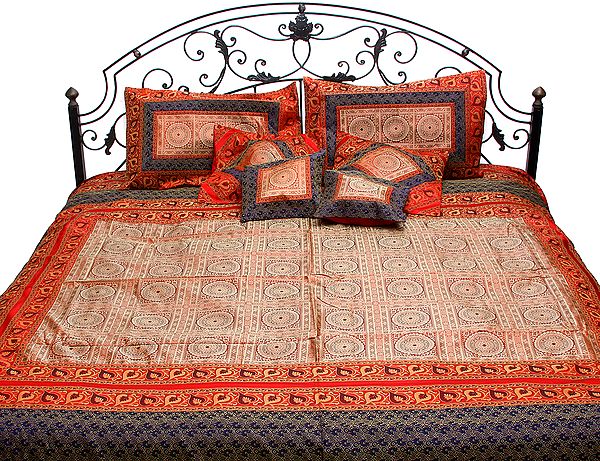 Lollipop-Red and Blue Seven-Piece Banarasi Bedcover with Woven Mandalas and Brocade Border