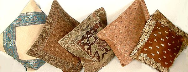 Lot of Five Assorted Cushion Covers from Banaras with Brocade Weave