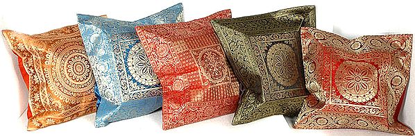 Lot of Five Banarasi Cushion Covers with Brocade Weave