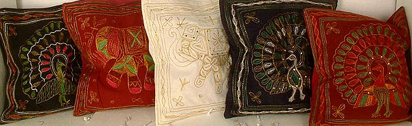 Lot of Five Cushion Covers Embroidered with Elephants and Peacocks