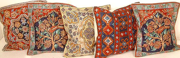 Lot of Five Cushion Covers from Kashmir with Dense All-Over Ari Embroidery