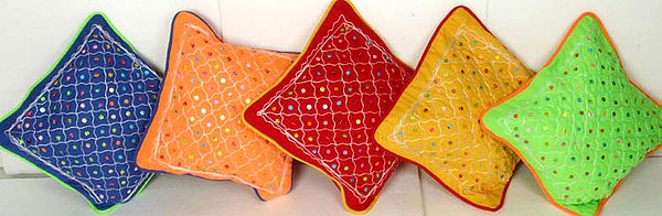 Lot of Five Small Cushion Covers with Multi-Color Sequins
