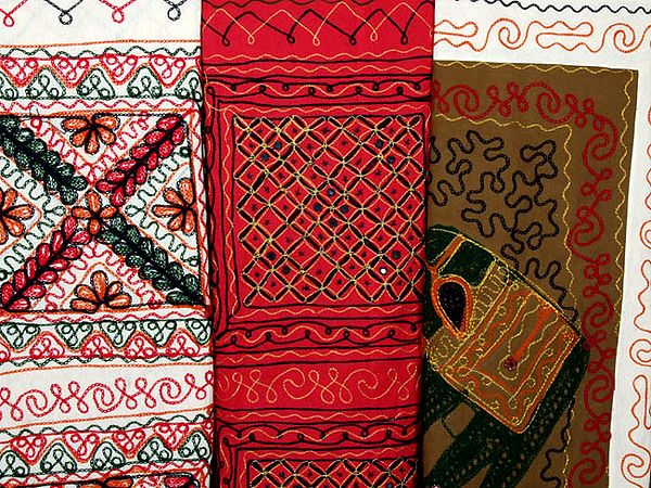 Lot of Three Gujarati Bedspreads with Embroidery and Mirrors