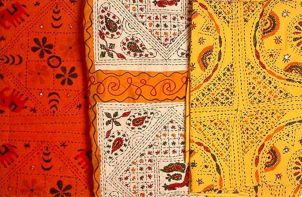 Lot of Three Gujarati Bedspreads with Embroidery and Mirrors