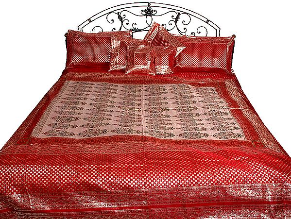 Luxurious Red and Chestnut Banarasi Brocaded Bedcover Woven by Hand in Four Colors