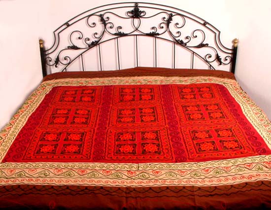 Maroon and Beige Gujarati Bedspread with Embroidery