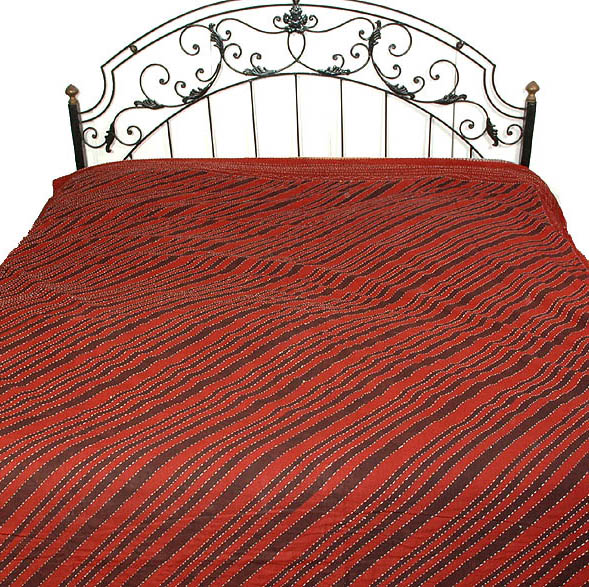 Maroon and Black Leheria Bedspread with All-Over Kantha Stitch